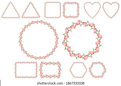 Wedding invitation template with pink flower wreath for celebration design. Floral greeting card. Flat vector drawing style. Six shape of frame