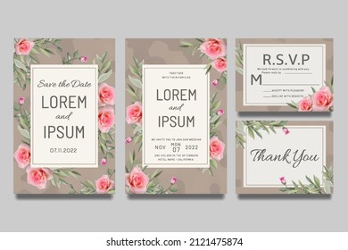 Wedding invitation template with pink roses and leaves