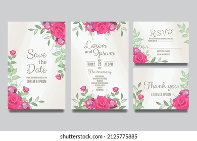 Plantilla de invitación a la boda con rosas y hojas rosadas