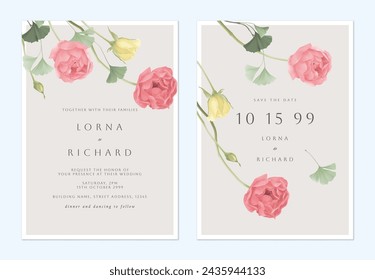 Wedding invitation template, pink roses and ginkgo leaves on brown background