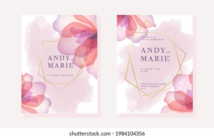 Wedding invitation template with pink watercolor background, golden borders and tender transparent pink flowers in corners. Vector illustration in rustic style