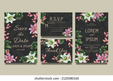 Wedding invitation template with pink and white lily flowers and leaves
