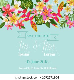 Wedding Invitation Template with Plumeria Flowers. Tropical Floral Save the Date Card. Exotic Flower Romantic Design for Greeting Postcard, Birthday, Anniversary. Vector illustration