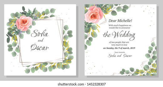 Wedding invitation template. Polygonal gold frame, pink roses, eucalyptus, green plants and leaves. All elements are isolated.