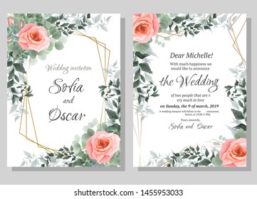 Wedding invitation template. Polygonal gold frame, pink roses, eucalyptus, green plants and leaves. All elements are isolated.