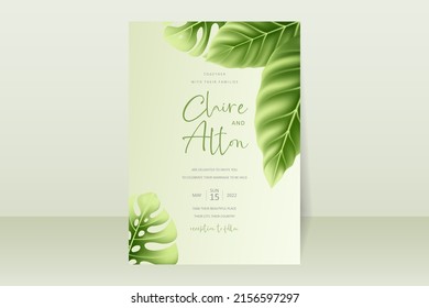 Wedding invitation template with realistic tropical summer leaves