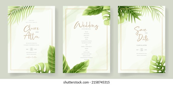 Plantilla de invitación de boda con hojas de verano tropicales realistas