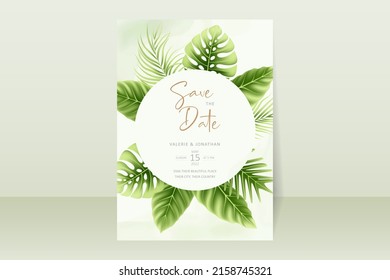 Wedding invitation template with realistic tropical summer leaves