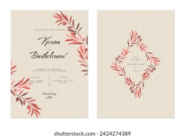 Wedding invitation template, red elegant olive branch on brown