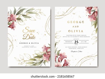 Wedding invitation template with red floral and gold leaves