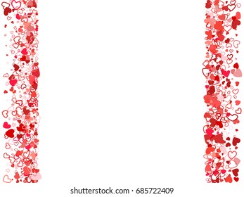 Wedding invitation template with red flying hearts. Vector heart confetti border with place for text. Valentine's day banner or card frame.