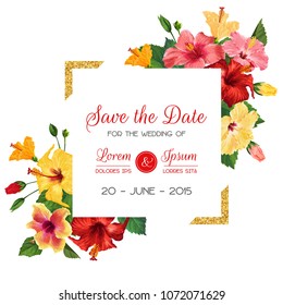 Plantilla de Invitación de Boda con Flores Rojas Hibiscus y Marco Dorado. Guarda la tarjeta floral de fecha para saludos, aniversario, cumpleaños, fiesta de ducha de bebé. Diseño botánico. Ilustración del vector