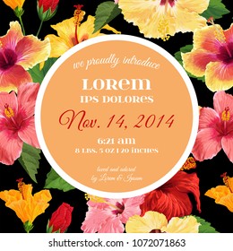 Wedding Invitation Template with Red Hibiscus Flowers. Save the Date Floral Card for Greetings, Anniversary, Birthday, Baby Shower Party. Botanical Design. Vector illustration