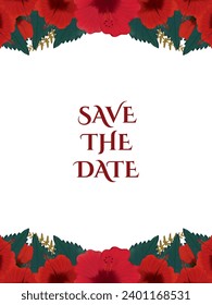 Wedding invitation template red hibiscus flowers and foliage