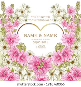 wedding invitation template, romantic women's floral card, pale pink Hollyhocks flowers, Valentine's Day, editable vector on a white background 