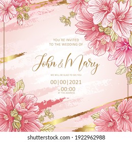 plantilla de invitación a boda, tarjeta floral para mujeres románticas, Hollyhocks rosa pálido sobre un fondo con salpicaduras de oro de un cepillo, vector editable, el concepto de amor, belleza, empaque 