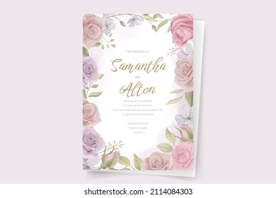Plantilla de invitación de boda con diseño de flor de rosa