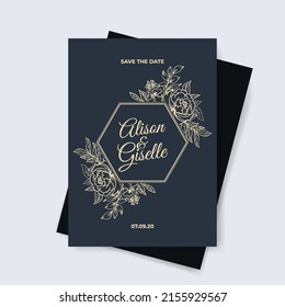 wedding invitation template with rose flower outline decoration