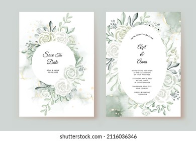 wedding invitation template with rose white and greenery leaves watercolor