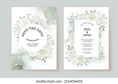 wedding invitation template with rose white and greenery leaves watercolor