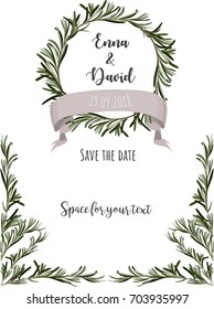 Wedding invitation template. Rosemary wreath. Vector design. Space for your text.