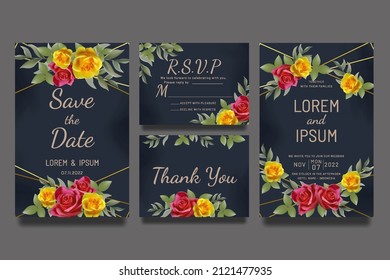 Wedding invitation template with roses and leaves