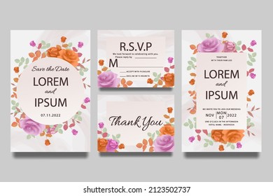 Wedding invitation template with roses orange and purple gradient and leaves