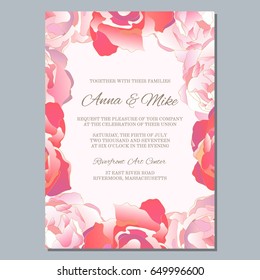 Wedding invitation template with roses, thank you card, save the date cards. Wedding invitation, baby shower, menu, flyer, banner template.