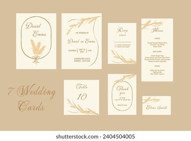 Wedding invitation template in rustic style set with wheat. Decoration vector for save the date, greeting, menu, thank you, rsvp