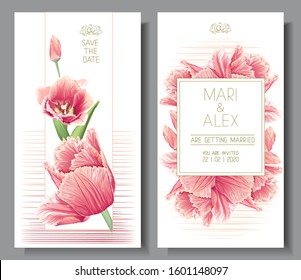 Wedding invitation template. Save the Date card with blooming coral pink tulips flowers. Hand drawn vector art for party decoration. Floral elegant set cards on white background. Vector illustration