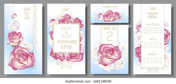 Wedding invitation template. Save the Date card with blooming pink and white roses flowers. Spring botanical design. Hand drawn vector art for party decoration. Floral  set cards on white and blue bac