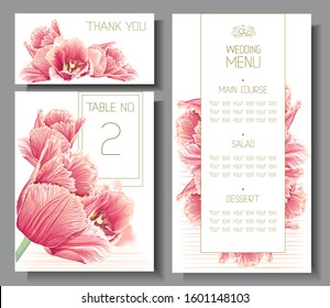 Wedding invitation template. Save the Date card with blooming coral pink tulips flowers. Hand drawn vector art for party decoration. Floral elegant set cards on white background. Vector illustration