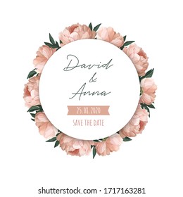 Wedding invitation template. Save the date. Hand drawn realistic Peonies pattern and round background with shadow. Vector.