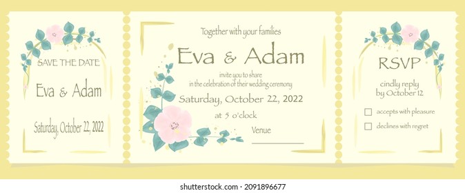 Hochzeitseinladungsvorlage Speichern Sie das Datum und die RSVP-Karten Aquarell-Vektorgrafik Rustikaler Stil einzeln auf goldenem Hintergrund Kopienraum