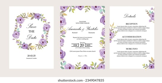Wedding Invitation template, save the date, detail card. Vector. purple roses.