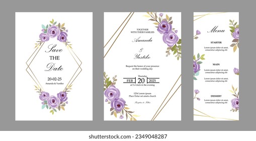 Wedding Invitation template, save the date, menu card. Vector. purple roses.