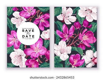 Wedding invitation template, save the date or card design with spring botanical design. Realistic highly detailed high quality hand drawn flowers of fruit trees, sakura, cherry, apricot, apple.