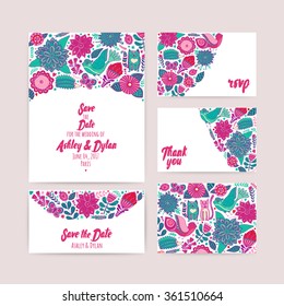 Wedding Invitation template, save the date, invitation and  envelope, thank you card. Wedding set. RSVP card. Marriage event. Valentine day design.