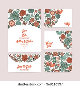 Wedding Invitation template, save the date, invitation and  envelope, thank you card. Wedding set. RSVP card. Marriage event. Valentine day design.