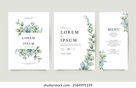 Wedding invitation template set arranged with beautiful green leaves