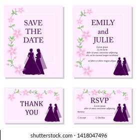 Wedding invitation template set. Beautiful lesbian couple in white wedding dresses and flowers ornament. Same-sex family. Gay marriage. For wedding invitation, Save the Date cards, rsvp etc