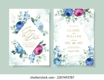 Wedding invitation template set with beautiful floral and leaves decoration