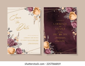 Wedding invitation template set with beautiful floral and leaves decoration