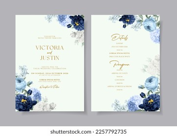 Plantilla de invitación a bodas con hermosa decoración de flores y hojas azul marino