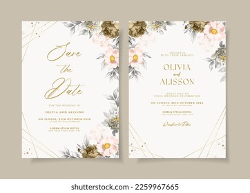 Wedding invitation template set with beautiful floral and leaves decoration
