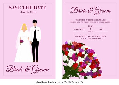  Wedding invitation template set with bride, groom abouquet of colorful roses. Bride and groom Pre-wedding image