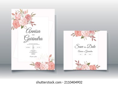Wedding invitation template set with brown  floral and leaves premium vector
