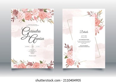 Wedding invitation template set with brown  floral and leaves premium vector