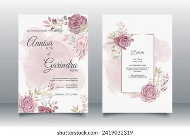 wedding invitation template set with brown and dusty floral frame watercolor background Premium Vector