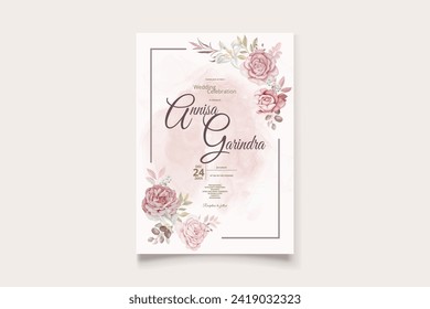 wedding invitation template set with brown and dusty floral frame watercolor background Premium Vector